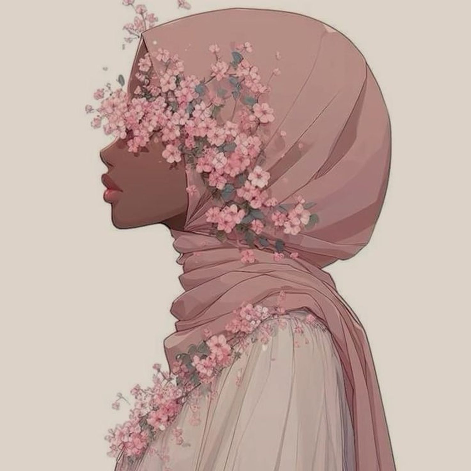 A drawing of a woman in a hijab with flowers over her face.